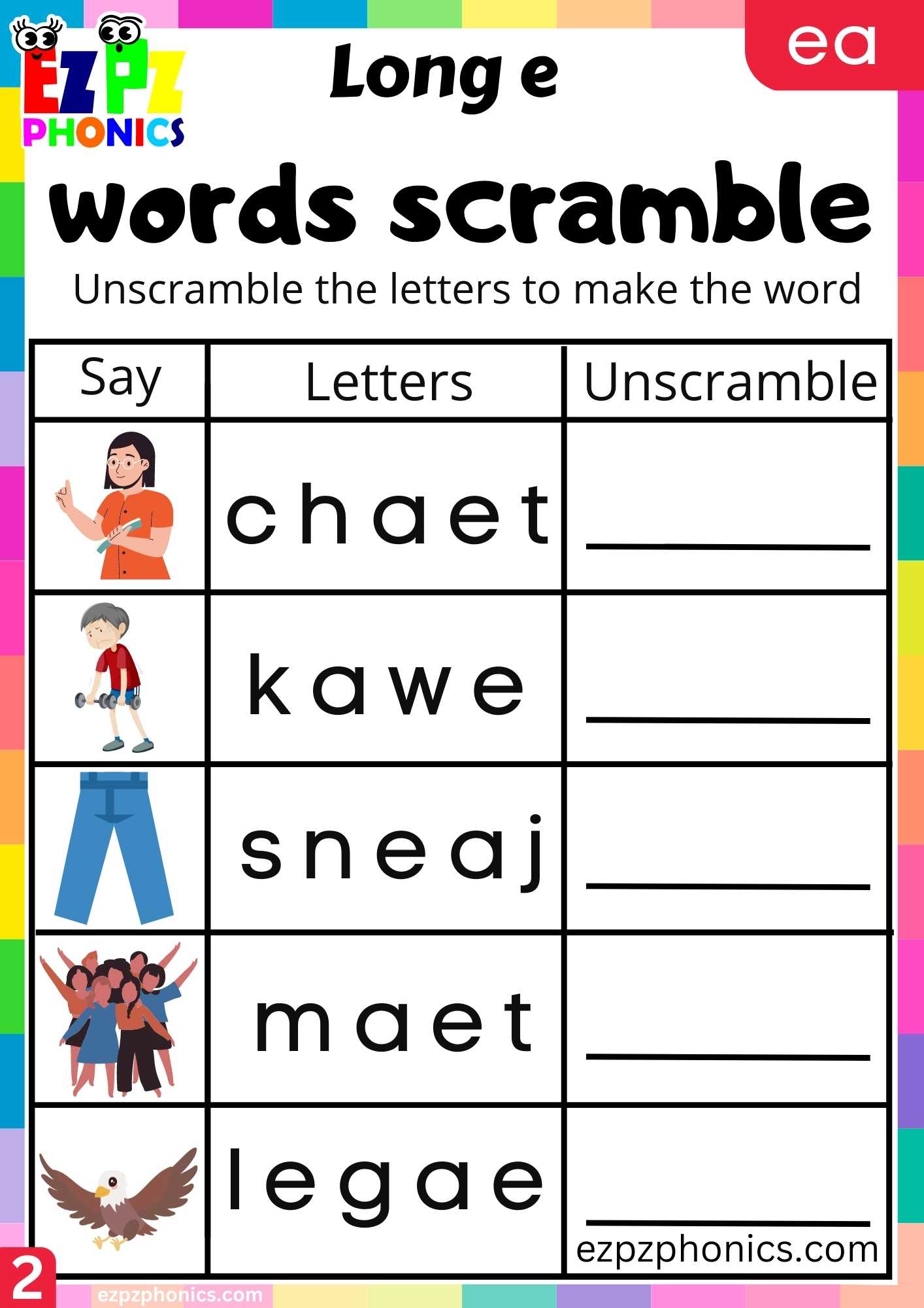 Group2 EA Words Words Scramble Long E Phonics Worksheet